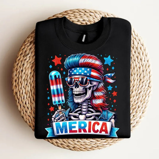 Merica - Crewneck Sweatshirt, Fourth of July, Patriot, Summer Shirt, Funny Tee, Bright Graphic, Funny Apparel, Gift Idea, Relaxed Fit, Casual Apparel, Cute Top, Great with Jeans, All Seasons, Fun Style, Comfortable Shirt