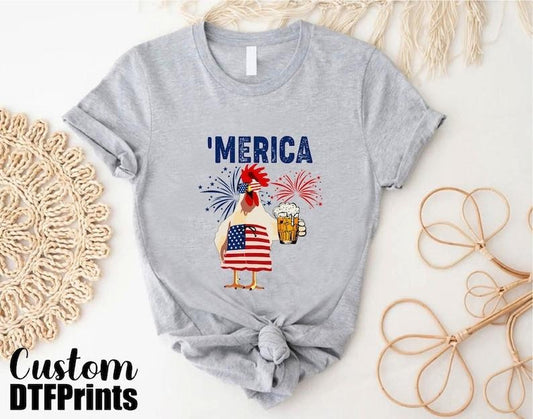 Merica Tshirt, 4th Of July Chicken Shirt, Patriotic Animals Shirt, Independence Day Celebration Gift Shirt For Beer Lover, Fire Works Shirt