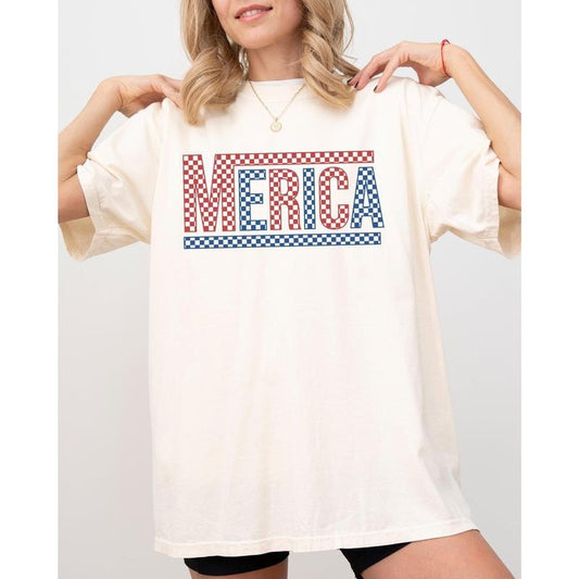 Merica, America, Retro, Checkered, Independence Day, USA, 4th Of July, Fourth Of July Tshirt, Women's Comfort Color Tee, Tshirt
