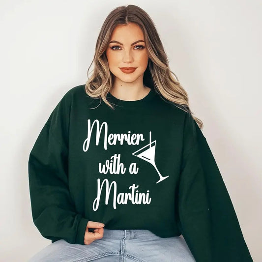 Merrier With A Martini Sweater, Trendy Christmas Crewneck, Winter Sweatshirt, Martini Design Cotton Womenswear