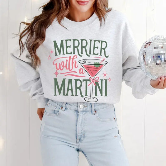 Merrier with a Martini Retro Christmas Sweatshirt, Funny Holiday Cocktail Sweater, Vintage Xmas Party Sweatshirt, Holiday Gift for Her