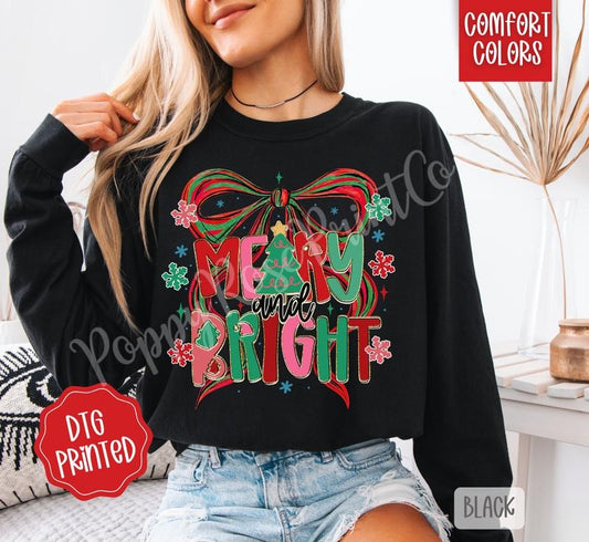 Merry & Bright Bow Comfort Colors Long Sleeve T-Shirt, Cute Women's Christmas Tee
