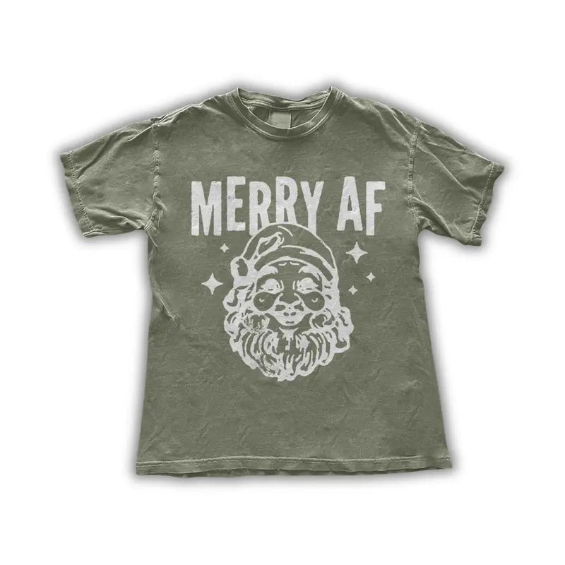 Merry AF Christmas T-Shirt - Funny Santa Graphic Tee Retro Holiday Vibes - Christmas Humor Shirt