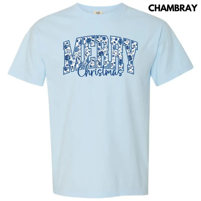 Merry Blue Floral Christmas Comfort Colors T-Shirt 'NLB'
