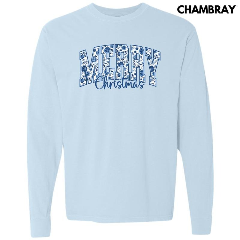 Merry Blue Floral Christmas Long Sleeve Comfort Colors T-Shirt 'NLB'