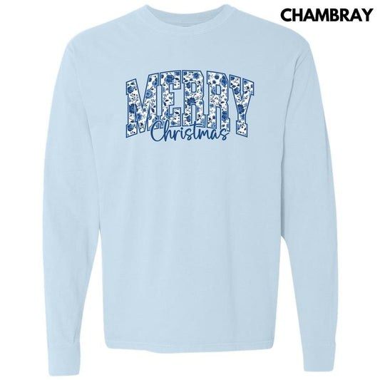 Merry Blue Floral Christmas Long Sleeve Comfort Colors T-Shirt 'NLB'