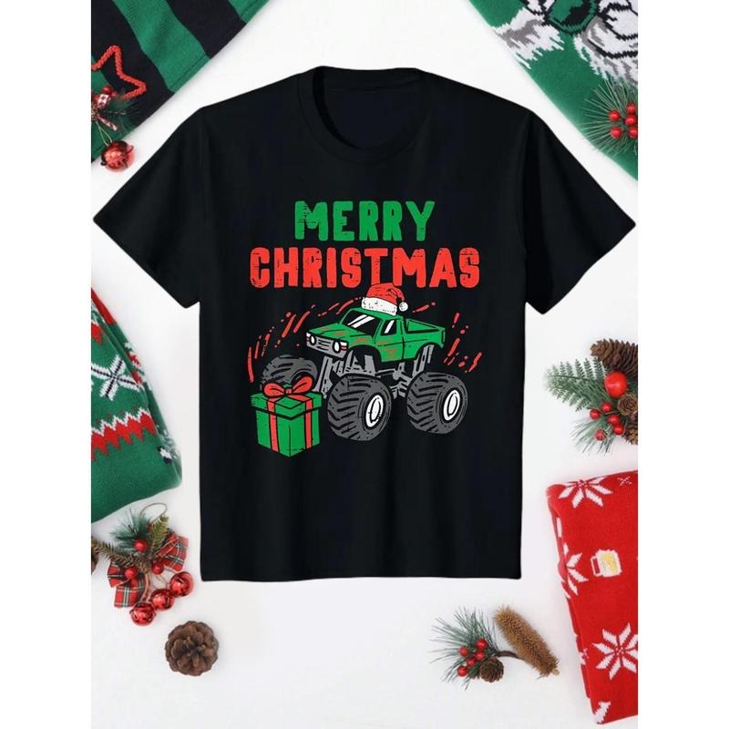 Merry Christmas Monster Truck Print Cotton T-Shirt, All-Season 220gsm Medium Stretch Crew Neck Top, Sports Style Applique Detailing for Ages 3+, Comfortable Short Sleeve Tunic for &, Casual Weekend Wear - Black made in usa