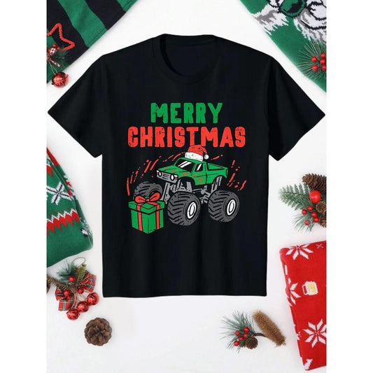 Merry Christmas Monster Truck Print Cotton T-Shirt, All-Season 220gsm Medium Stretch Crew Neck Top, Sports Style Applique Detailing for Ages 3+, Comfortable Short Sleeve Tunic for &, Casual Weekend Wear - Black made in usa