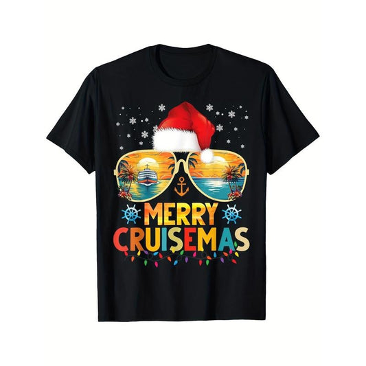 Merry Cruisemas Santa Hat Retro Cruise Ship Christmas Cruise Printed T-shirt Comfortable Breathable, Soft, Casual Short Sleeve, Daily Wear, All Season, Black Men 220g made in usa