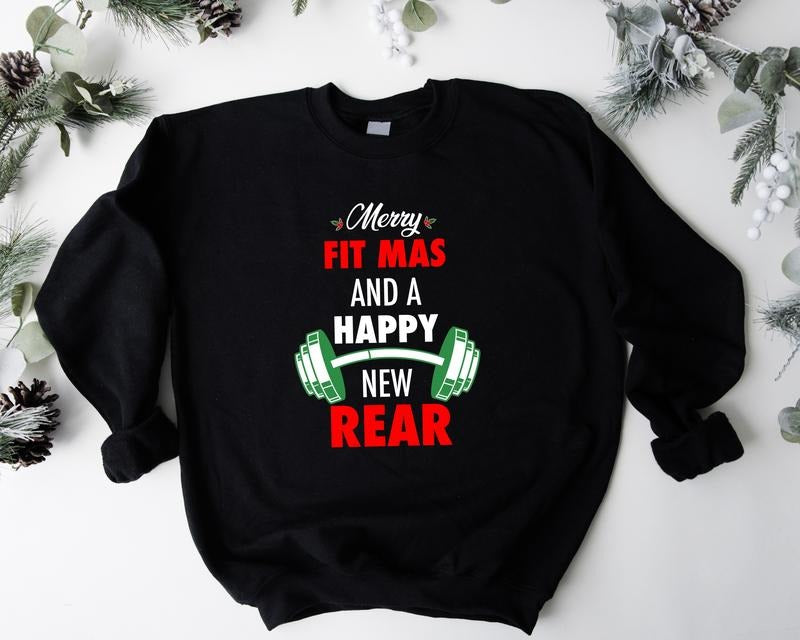 Merry Fitmas And A Happy New Rear Sweatshirt, Christmas Fitness Sweater, Workout Xmas Hoodie, Personal Trainer Gift, Unisex Gym Lover X-mas Party Gift Hoodie.
