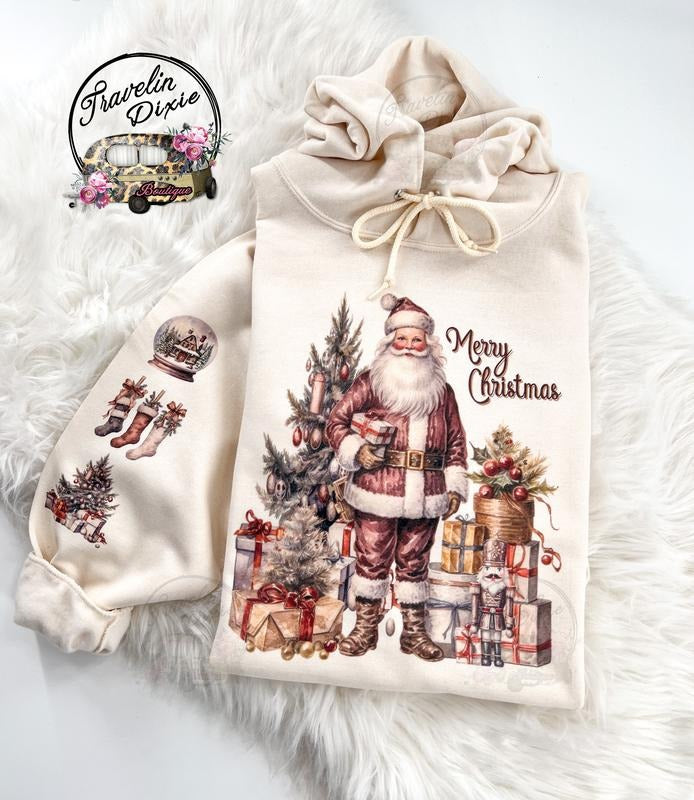 Merry Vintage Santa Christmas Sweatshirt or Hoodie with sleeve print