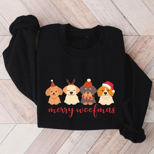 Merry Woofmas Sweatshirt, Christmas Dog Sweater, Dog Lovers Gift Hoodie For Mom, Animals Lover Hoodie, Funny Puppies Long Sleeve.