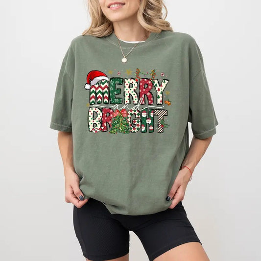 Merry and Bright Shirt Comfort Colors, Cute Christmas Tees for Women, Merry Christmas Tshirt for Girls, Santa T-shirt, 2024 Xmas Gift Ideas for Her, Comfy Cotton Womenswear, Casual Women's Tops
