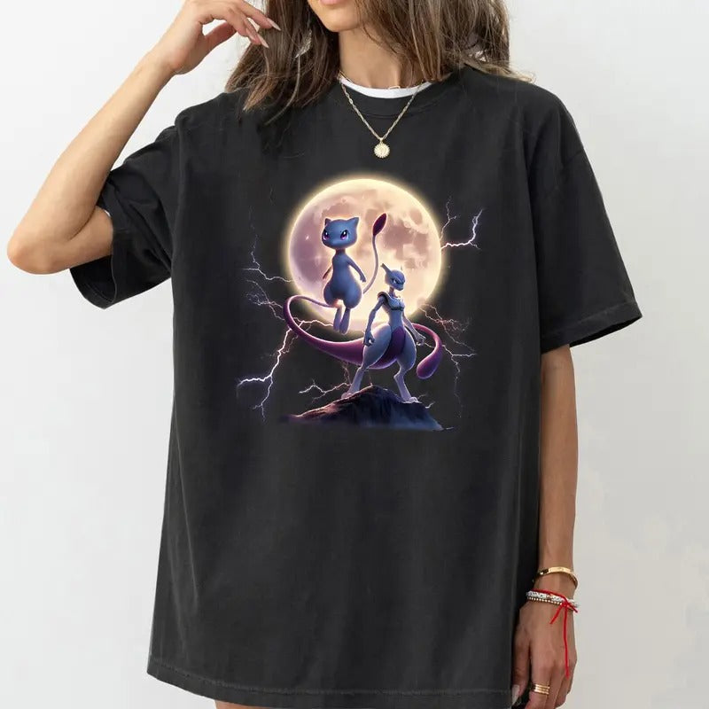 Mew & Mewtwo Moonlight Clash Tee, Mewtwo Shirt, Anime Fan, Mewtwo Energy Mode, Mewtwo Tee, Unisex Anime Tee, Mew Pokemon Shirt