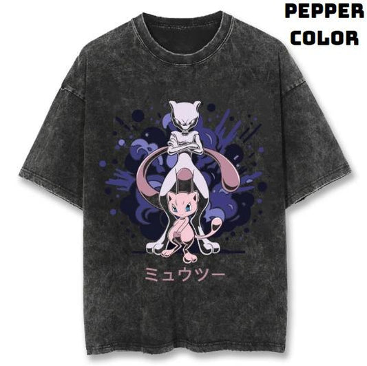 Mew & Mewtwo Shadow Burst Vintage Graphic Tees, Mewtwo T-Shirt, Pokemon Shirts, Unisex Anime Manga Shirt Top Menswear Womenswear Streetwear Tropical