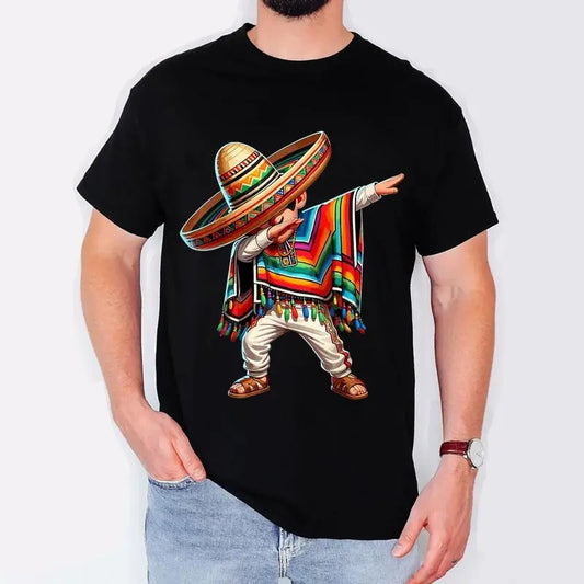 Mexican Boy Dabbing Poncho Cinco de Mayo T-Shirt, Retro Stripe Comfort TShirt,  Shirt, Unisex Cotton Tshirt for Men for Women, Casual Y2K Graphic Top