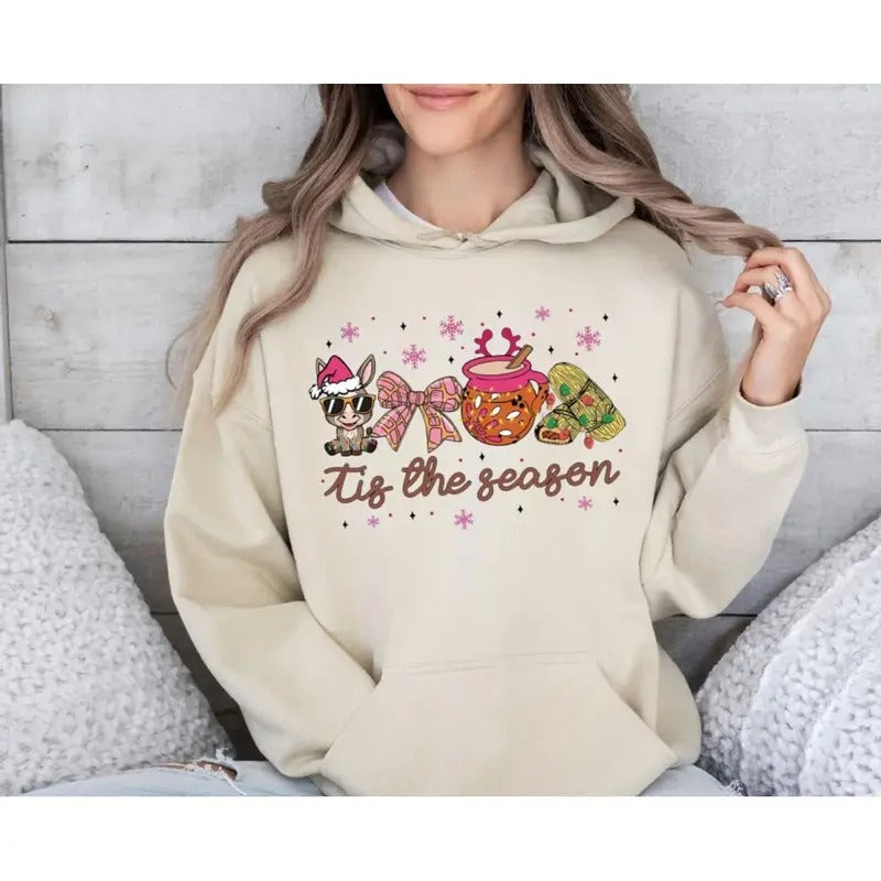 Mexican Christmas Sweatshirt, Coquette Christmas Tis The Season Shirt, Pan Dulce Christmas Tree Hoodie, Pink Christmas, Feliz Navidad, Tamales, Unisex Sweater Pullover Teestyle{n002}2