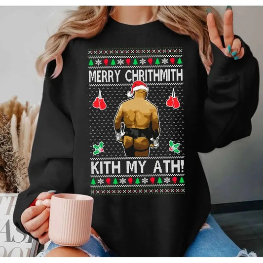 Mike Tyson Butt Viral Kiss My Ass Boxing Fight Meme Shirt, Merry Chrithmith Kith My Ath, Men Women Funny Ugly Christmas Sweater Ugly Christmas, Unisex Sweater Pullover Tee