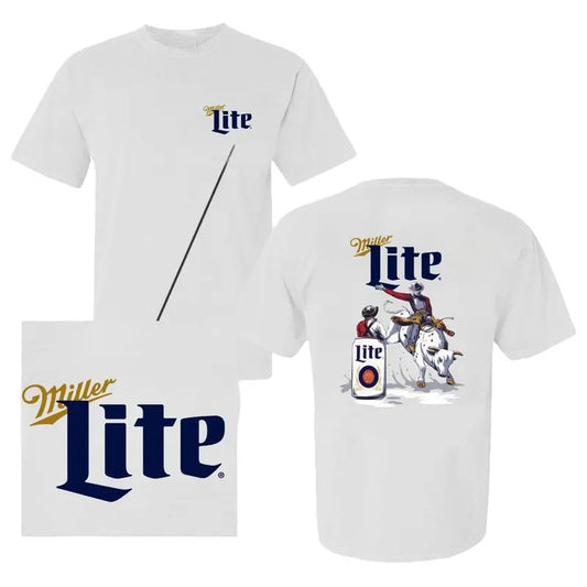 Miler Lite Beer CowBoy Rode T-shirt, 2 Sided Graphic Printed Unisex T-shirts, Casual Classic Cotton Crewneck Short Sleeve Tee Gift For Men And Women Full Size Full Color