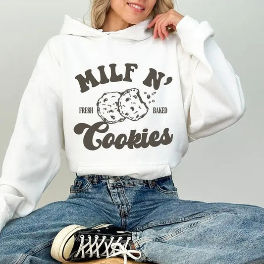 Milf N Cookies Funny Mom Hoodie, Mother's Day Gift, Milf Shirt Casual Cotton Tops Fashion