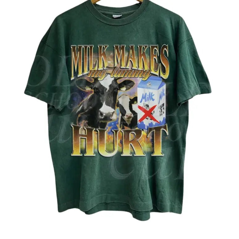 Milk Makes My Tummy Hurt Vintage Bootleg T-Shirt, Retro Lactose Tolerant 90s Funny Graphic Shirt, Funny Milk Shirts For Friends, Meme Shirt Menswear
