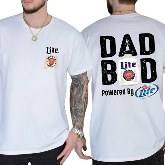Miller Lite Dad Bod T-Shirt - Powered by Miller Lite Graphic Tee - Unisex Relaxed Fit - Ideal Father's Day Gift - Classic Cotton, Streetwear, Everyday Wear, Trendy Clothing, Casual Wear