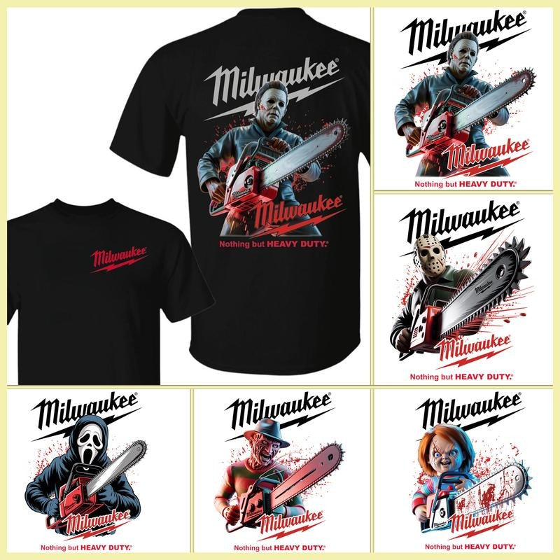 Milwaukee Horror Michael Myers Chucky Jason Freddy Ghost Face With Chainsaw Unisex Tee Halloween Killer Character Graphic Cotton Shirt, Funny Halloween Shirt, Gift for Spooky Season