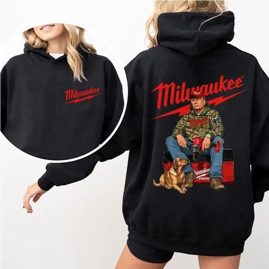 Milwaukee Workwear Hoodie Sweater T-shirt - Bold Milwaukee Logo with Iconic Worker and Dog Graphic, Perfect for Tradesmen and Tool Enthusiasts, Comfortable Unisex Hoodie for Work and Casual Wear