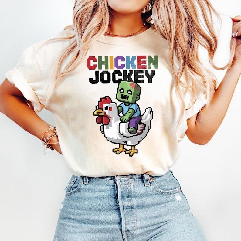 Minecraft Movie Chicken Jockey Unisex Hilarious Cotton Tee, Gamer Gift, Cartoon Graphic Shirt V3, Quirky Tee for Chicken Lovers