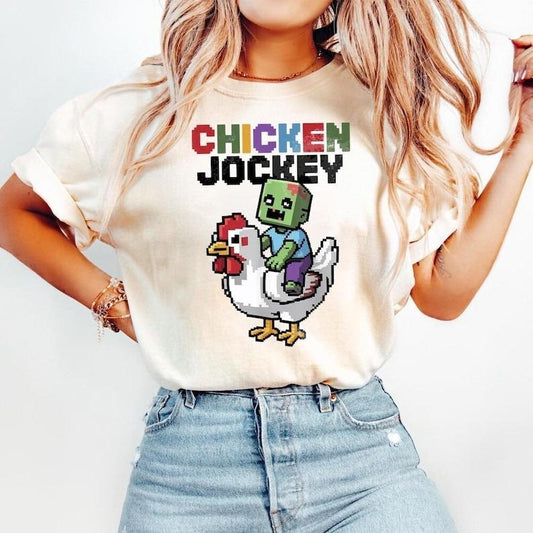 Minecraft Movie Chicken Jockey Unisex Hilarious Cotton Tee, Gamer Gift, Cartoon Graphic Shirt V3, Quirky Tee for Chicken Lovers