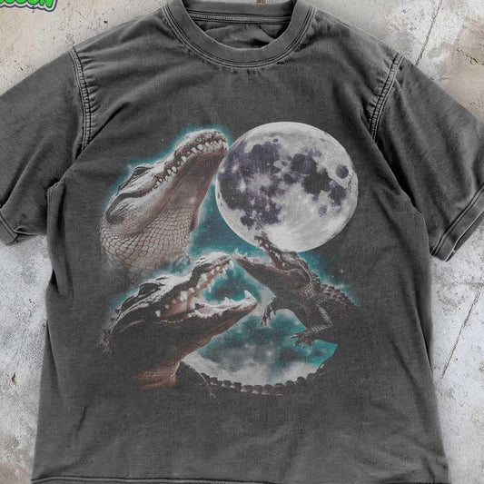 [ Mineral Wash ] Alligator Y2K Moon Washed, Celestial Vintage Graphic Tee , Retro Sandal Shoesodile Shirt , Moonlight Reptile Shirt , Unisex Wildlife Shirt