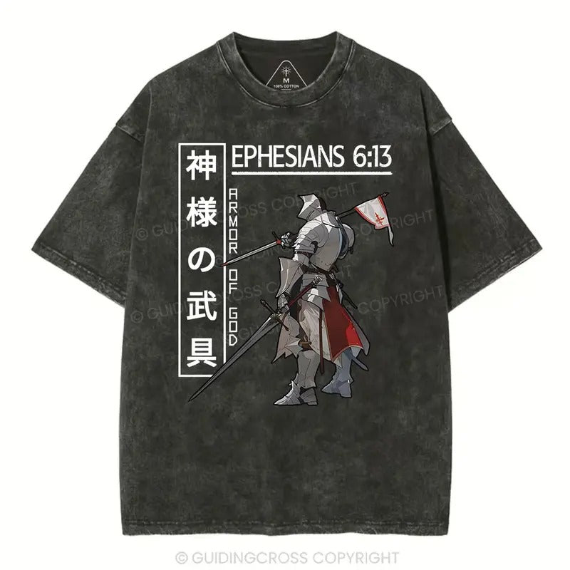 [ Mineral Wash ] Armor Of God Anime Christian Washed TShirt Ephesians 6:13 Jesus Graphic Washed Style Shirt