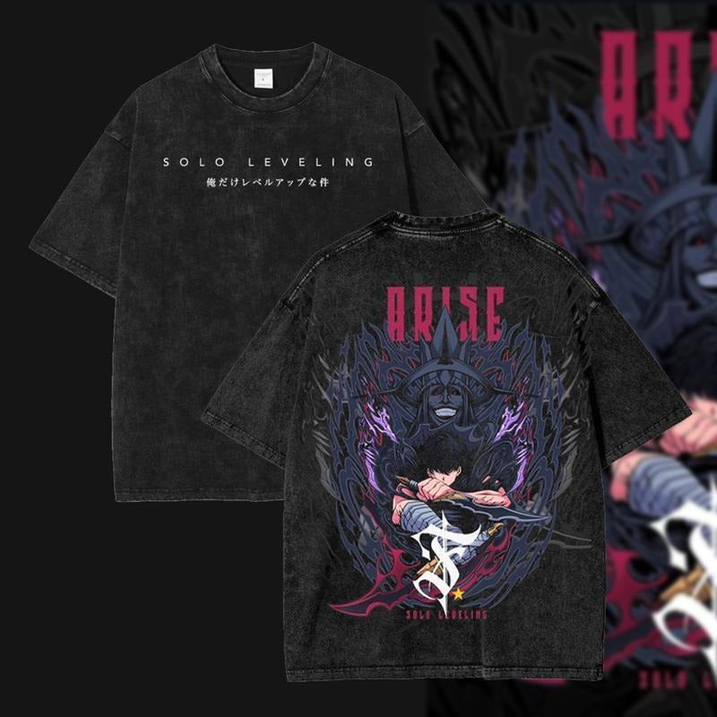 [ Mineral Wash ] Edition Solo Leveling Sung Woo Jin Anime Double Printed Oversize Lightweight Washed Tee, Gift For Anime Lover