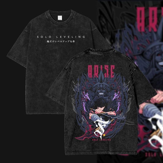 [ Mineral Wash ] Edition Solo Leveling Sung Woo Jin Anime Double Printed Oversize Lightweight Washed Tee, Gift For Anime Lover