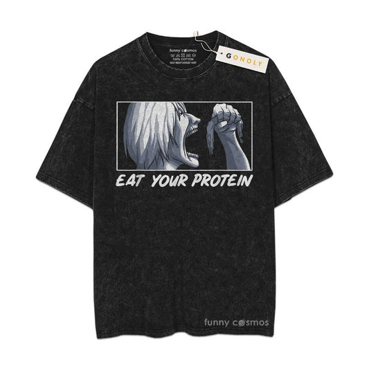 [ Mineral Wash ] Funny, Eat Your Protein, Manga Bodybuilding Fitness Anime Gym Tee, Fan Lovers Streetwear & Washed Gym Style Shirt