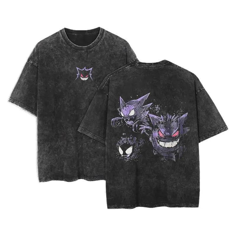 [ Mineral Wash ] Ghost Gengar Pokemon Unisex Oversize Anime Manga Washed Heavyweight Cotton TShirt, Gift For Anime Fan, Anime Lover Fabric Menswear Top Tshirt