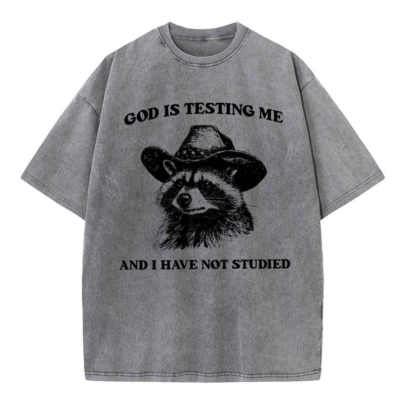 [ Mineral Wash ] God's Testing Me Funny Raccoon Christian Washed Shirt Jesus Graphic Washed Style Shirt