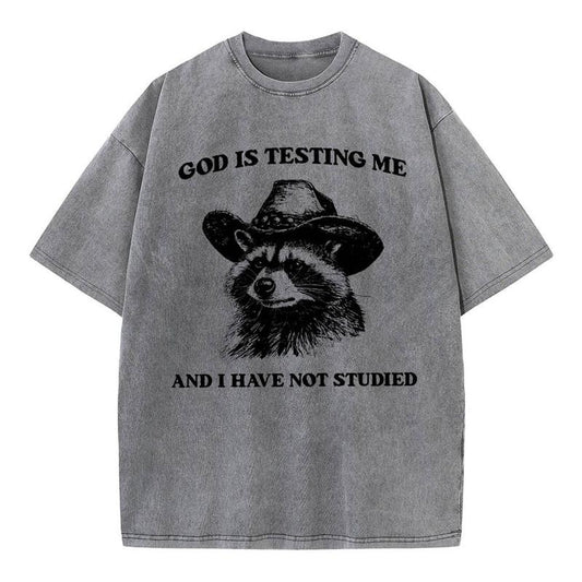 [ Mineral Wash ] God's Testing Me Funny Raccoon Christian Washed Shirt Jesus Graphic Washed Style Shirt