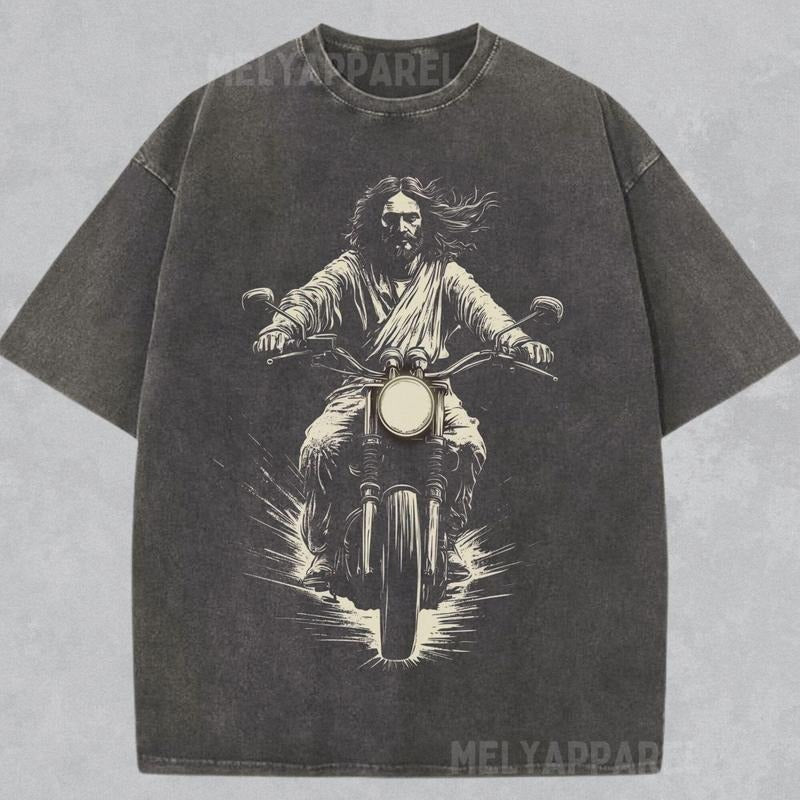 [ Mineral Wash ] Jesus Christ On Motorbike Shirt Retro Style Christian Tshirt Biker Tee Unisex Crewneck Church Apparel Christmas Faith Washed Gift