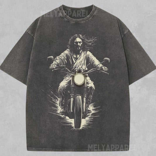 [ Mineral Wash ] Jesus Christ On Motorbike Shirt Retro Style Christian Tshirt Biker Tee Unisex Crewneck Church Apparel Christmas Faith Washed Gift