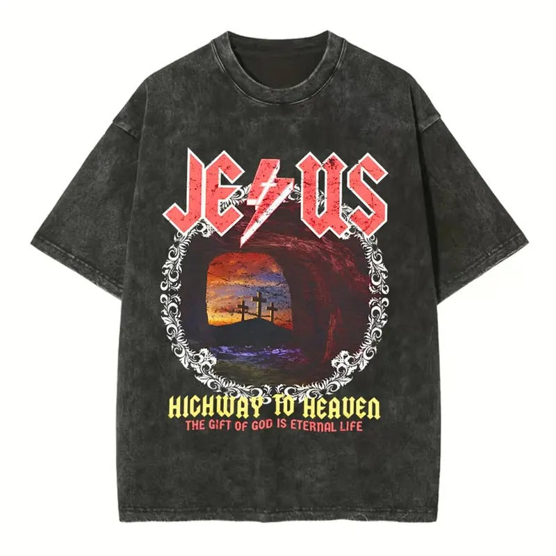 [ Mineral Wash ] Jesus Highway To Heaven Chirstian Washed Shirt Jesus Graphic Washed Style Shirt