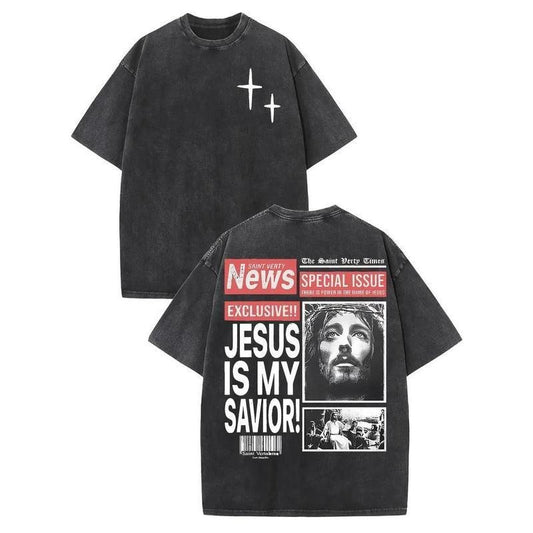 [ Mineral Wash ] Jesus Is My Savior DoubleSided Print Mens Retro Streetwear TShirt, Loose Fit Washed Cotton Short Sleeve Crew Neck