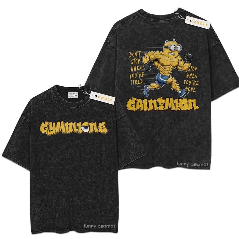 [ Mineral Wash ] Mini0n Gym, Gainzion Fan Lovers Streetwear & Washed Gym Style Shirt