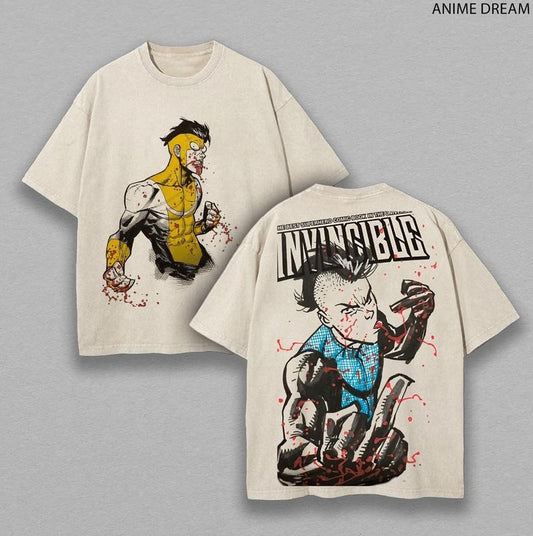 [ Mineral Wash ] Mohawk Mark, Mark Grayson Invincible Anime Double Printed Vintage Washed Tee Unisex Oversize Heavyweight Cotton TShirt For Anime Fans