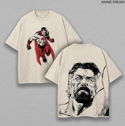 [ Mineral Wash ] Nolan Grayson, OmniMan Invincible Anime Double Printed Vintage Washed Tee Unisex Oversize Heavyweight Cotton TShirt For Anime Fan