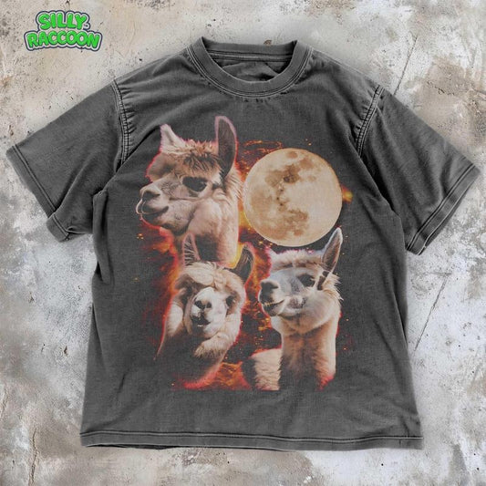 [ Mineral Wash ] Retro Alpaca In Space TShirt , Cosmic Moon Graphic Tee , Mystical Wildlife Shirt , Vintage Animal Lover Washed Gift , Unisex Tee