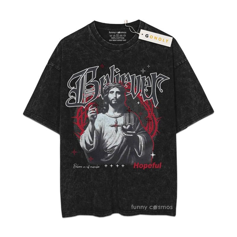 [ Mineral Wash ] Retro Believer Jesus Hopeful Gym Tee, Fan Lovers Streetwear & Washed Gym Style, Bible, Christian Shirt