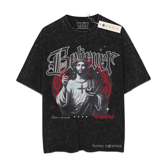 [ Mineral Wash ] Retro Believer Jesus Hopeful Gym Tee, Fan Lovers Streetwear & Washed Gym Style, Bible, Christian Shirt