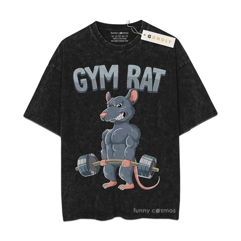 [ Mineral Wash ] Retro Funny Rat Gym Tee, Fan Lovers Streetwear & Washed Gym Style Shirt