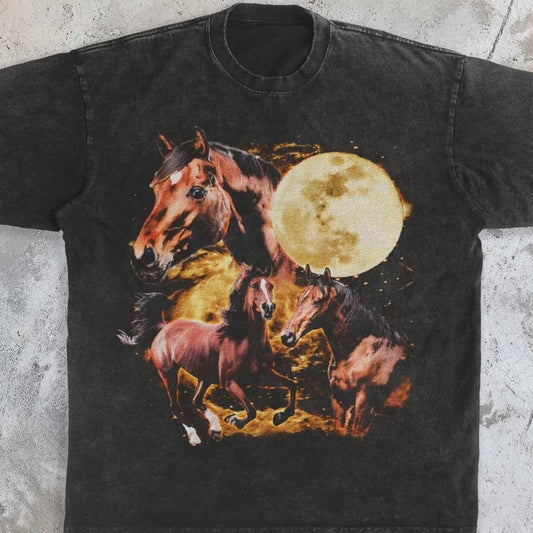 [ Mineral Wash ] Retro Horse Moonlight Graphic Tee , Vintage Style TShirt , Western Horse Shirt , Equestrian Shirt , Animal Moon TShirt , Horse Lover Washed Gift